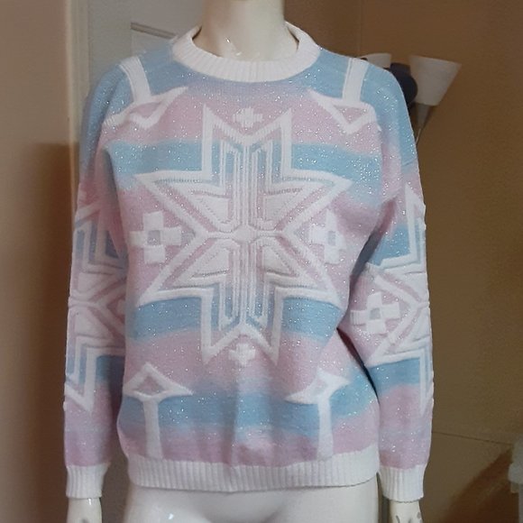Rose Sweaters - Vintage Rose Fairy Kei Kawaii Pink & Blue Sparkly Sweater